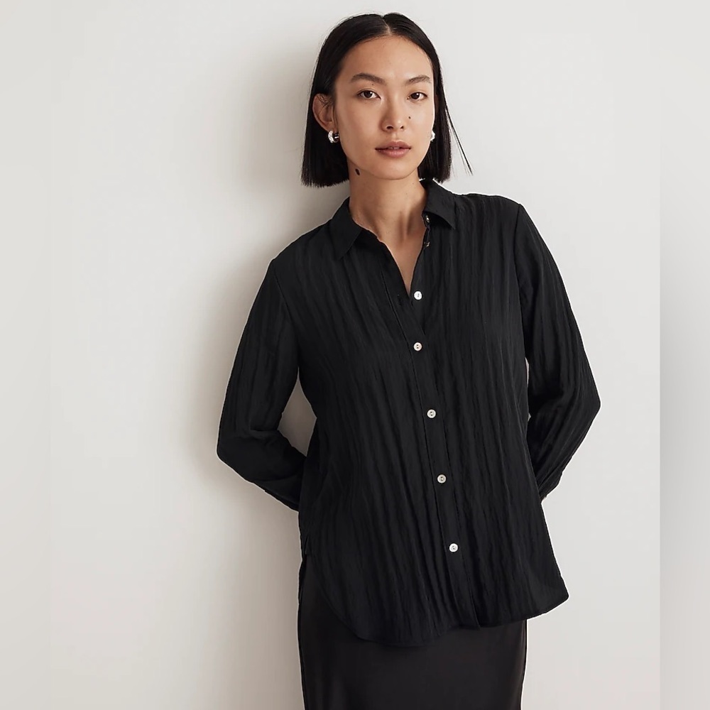 MADEWELL Black Crinkled Button Up Blouse NWT Quiet Luxury